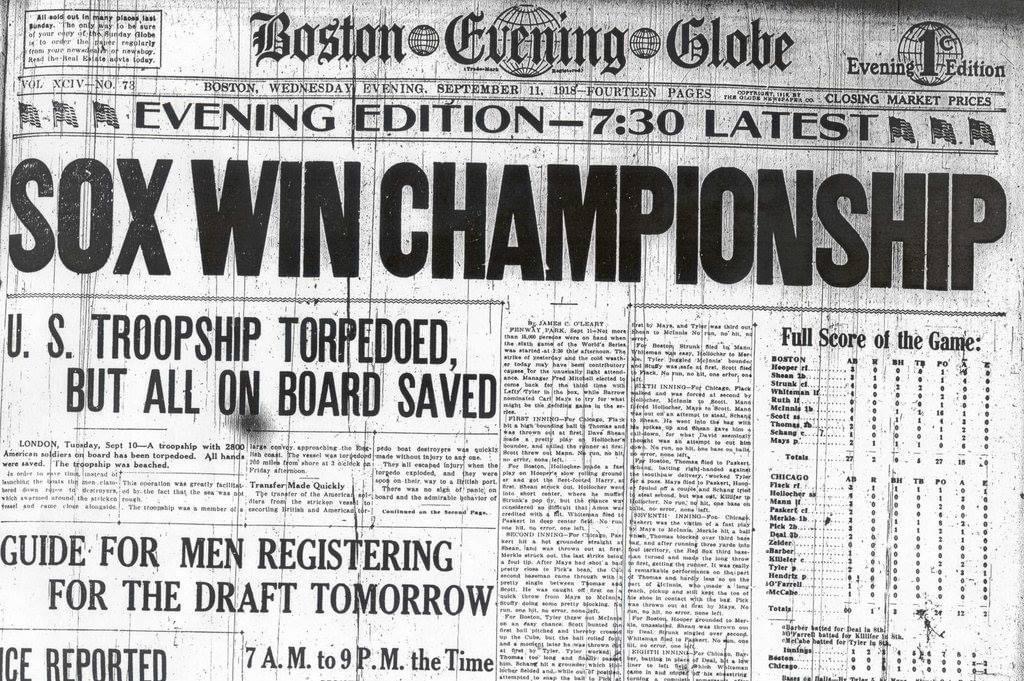 In the earliest conclusion of the Fall Classic, The Red Sox win the World Series in Game six, on Carl Mays’s 2nd victory, a 2 – 1