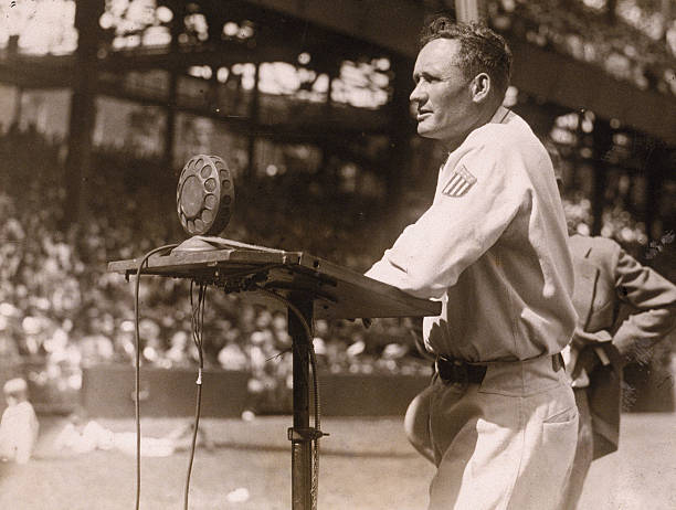 American baseball player Walter Johnson, pitcher for the Washington Senators, makes a speech during the celebration of his 20th year with the team at Griffith Stadium, Washington, DC, November 1927