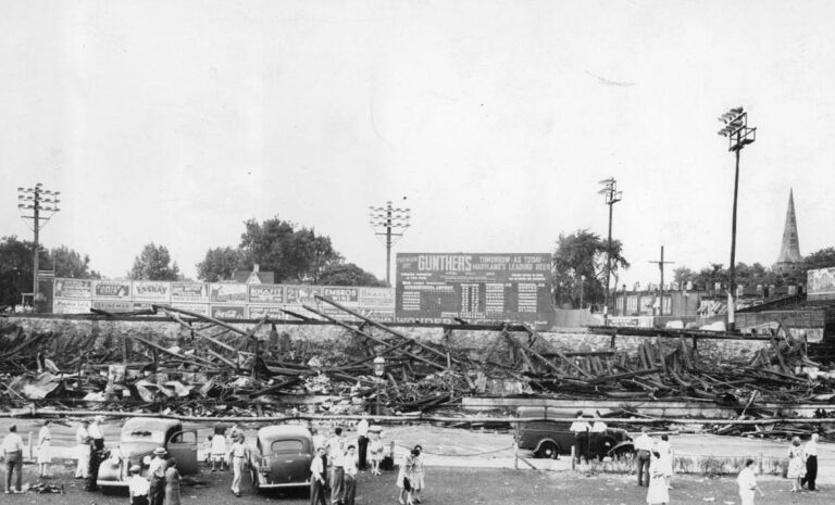 Baltimore’s Oriole Park, erected in 1914 for the Federal League, burns down. The Orioles moves to the city’s unroofed Venable Stadium. It will be used this way until a second tier is added and the ballpark is re-named “Memorial Stadium” when the St. Louis Browns move in for the 1954 season.