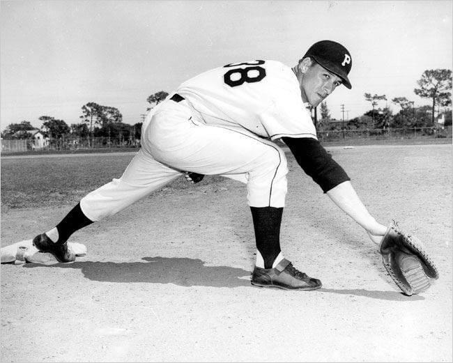 Pittsburgh Pirates left-handed first baseman Dale Long makes his first appearance as a catcher in an exhibition game against the minor league San Diego Padres.