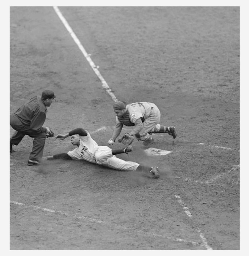 1951 Willie Mays tagged out at the plate by Roy Campanella