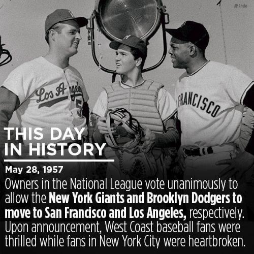 With a unanimous vote, National League owners grant permission to both the Dodgers and Giants to relocate their clubs to the West Coast if they so desire.