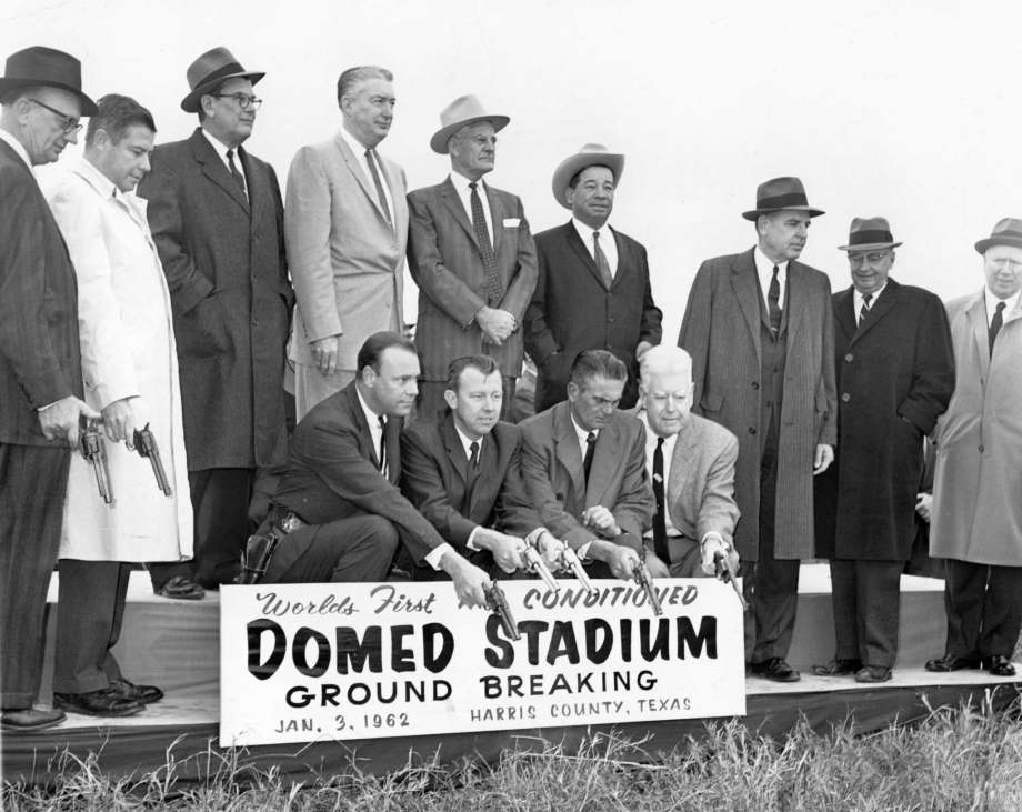 Ground is broken for the Astrodome. The ceremony includes the firing of pistols into the ground by team, city and county officials. 