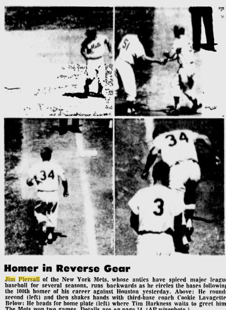 Jimmy Piersall celebrates his 100th career home run by running the bases backward