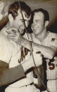 From Associated Press...September 24,1969 "Mets pitcher Nolan Ryan, left, and catcher Jerry Grote enjoy victory with Champaign flowing in their locker room at New York's Shea Stadium Wednesday night." The Mets had clinched the NL East title with a 6-0 win over the St.Louis Cardinals according to the caption.. Oklahoma Historical Society