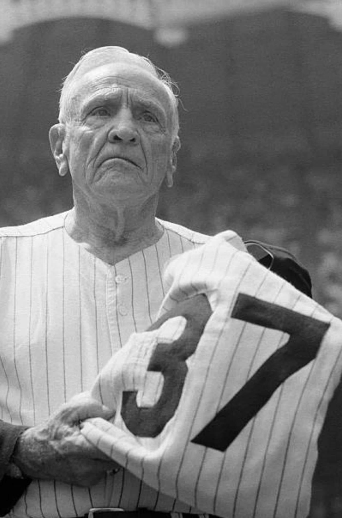 The Yankees, five years after the Mets bestow the honor to their first skipper, retire Casey Stengel's uniform #37, during Old Timers Day at the Stadium. The 'Old Perfessor', who won seven World Series during his twelve-year tenure with the team, managed the Bronx Bombers from 1949 to 1960.