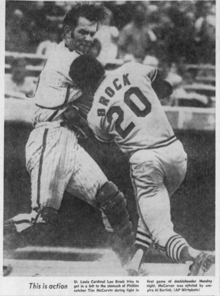 The Cards tip the Phillies‚ 2 – 1‚ as Lou Brock steals 4 bases. It is the second time that Brock has swiped 4 in one game; he’ll do it once more.