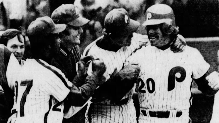 At Veterans Stadium, Phillies third baseman Mike Schmidt hits a ninth inning two-run home run off Tug McGraw to beat the Mets on Opening Day, 5-4. The walk-off homer is the first of the league-leading 36 dingers the third baseman will hit this season.