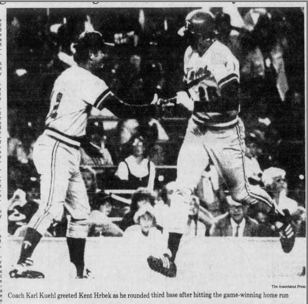 In his first major league game, first baseman Kent Hrbek hits a twelfth-inning homer, giving the Twins a 3 - 2 victory over the Yankees.