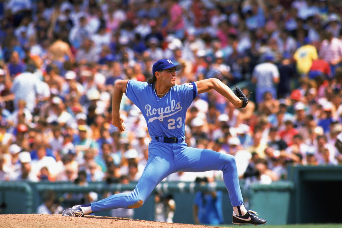 Pitcher Bret Saberhagen gives the Kansas City Royals their first World Series victory with a complete game 6