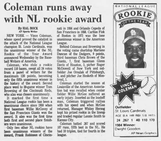 Vince Coleman is as the NL Rookie of the Year