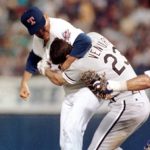 White Sox 3B Robin Ventura charges Nolan Ryan after a pitch hits him in the 3rd inning. Ryan gets Ventura in a headlock and throws six punches. Ventura is suspended two games for his actions, while Ryan is not disciplined.