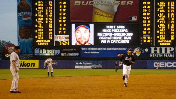 Mets backstop Mike Piazza passes Carlton Fisk for most home runs hit by a catcher when he hits his 352nd round-tripper as a catcher. The Norristown, PA native’s 405-foot opposite-field historic homer comes off a Jerome Williams’ 3-1 fastball during the first inning of the Mets’ 8-2 victory at Shea Stadium.