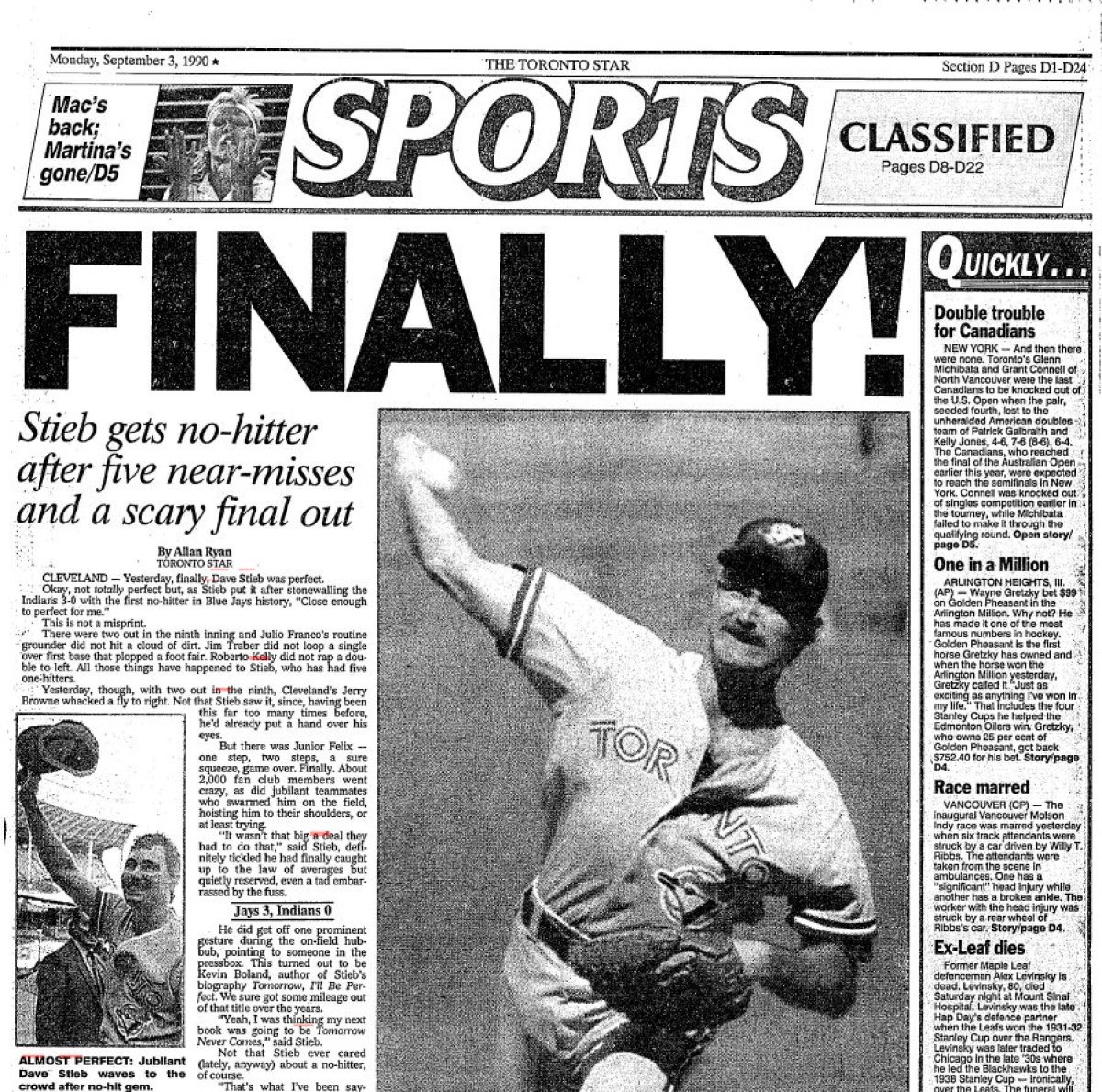 Dave Stieb pitches the major league record ninth no-hitter of the season, beating the Indians 3-0. Previously, the Blue Jay right-hander had lost three no-hit bids after getting the first two outs in the ninth inning.