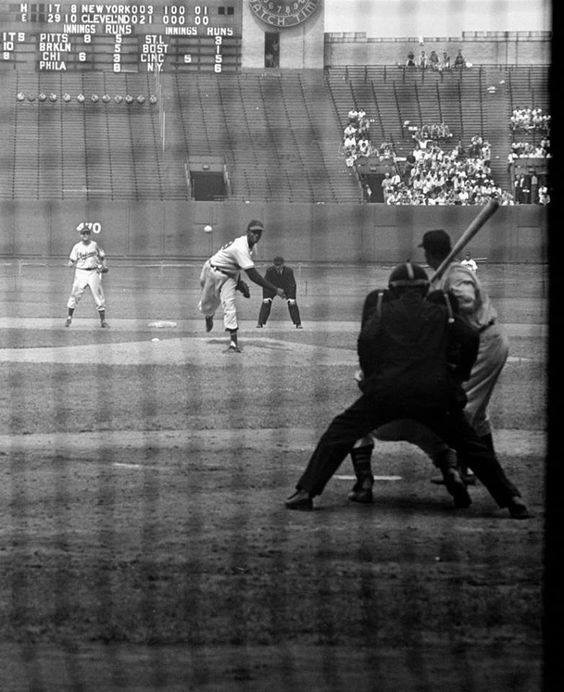 Cleveland Stadium, 7/21/49, Satchel Paige pitching in relief, SS behind Paige is Ray Boone