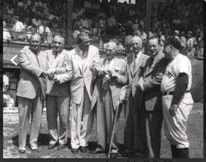 Ty Cobb, Al Simmons, Dizzy Dean, Cy Young. Connie Mack, Big Ed Walsh, and Rogers Hornsby–1953