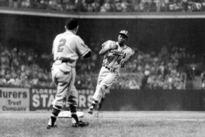 Ebbets Field, July 30, 1956 Henry rounds third after going yard against Dodgers Ken Lehman.