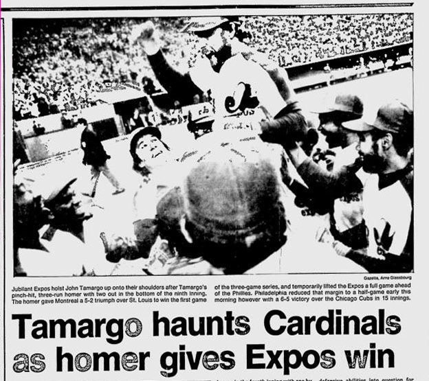 An under the radar transaction would have a big impact on the NL East race. On March 15th, Montreal traded a player to be named later and cash to the San Francisco Giants for catcher John Tamargo. On September 29th, Tamargo's pinch-hit 3-run homer in the bottom of the 9th would win the game for the Expos and give them a half-game lead over the Phillies with just 5 games to play. The Phillies would eventually win the division in Montreal on the next to last game of the season thanks to Mike Schmidt's 11th inning homer.