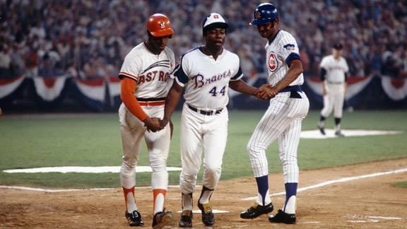 Cesar Cedeno and Billy Williams congratulate Hank Aaron after a homer in the 1972 All-Star Game in Atlanta.