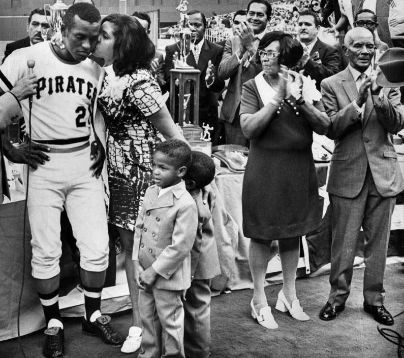 During batting practice, a little boy in the right-field stands was hit in the arm by a line drive. He then hid among the seats to have his little cry. Clemente retrieved the ball and gave it away, his thanks coming in a puddle of tears.”