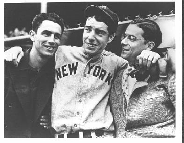 The brothers Joe, Vince and Dom DiMaggio play together for the first time, making up an outfield for an All-Star team in a West Coast charity game.