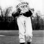 Hall of Fame hurler Robin Roberts pitching for the Michigan State Spartans in 1948