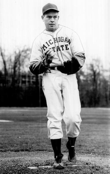 Hall of Fame hurler Robin Roberts pitching for the Michigan State Spartans in 1948