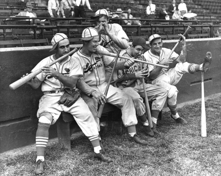 The Gashouse Gang using their equipment as instruments. Stan Bordagaray, Bill McGee, former Cardinal Rip Collins, and Pepper Martin with Bob Weiland standing, 1938.