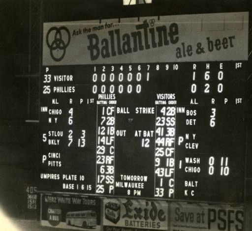 Scoreboard at Shibe Park – May 15th, 1956 Third base players don’t like the glare from the new electric scoreboard