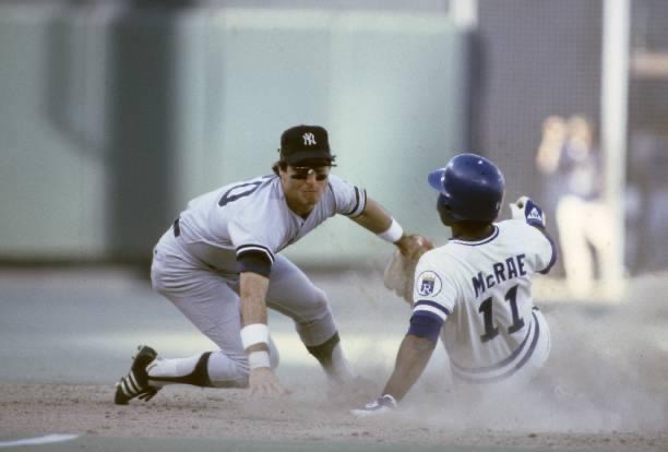 the father-and-son team of Hal and Brian McRae appears together in an exhibition game for the Kansas City Royals.