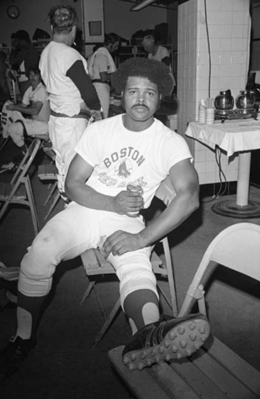 Reggie Smith relaxes in the locker room after the Red Sox 7-5 victory over the Brewers