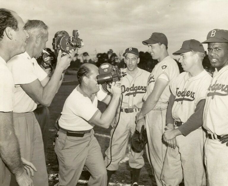 Billy Cox, Gil Hodges, Pee Wee Reese and Jackie Robinson pose for the media during Spring Training, 1952