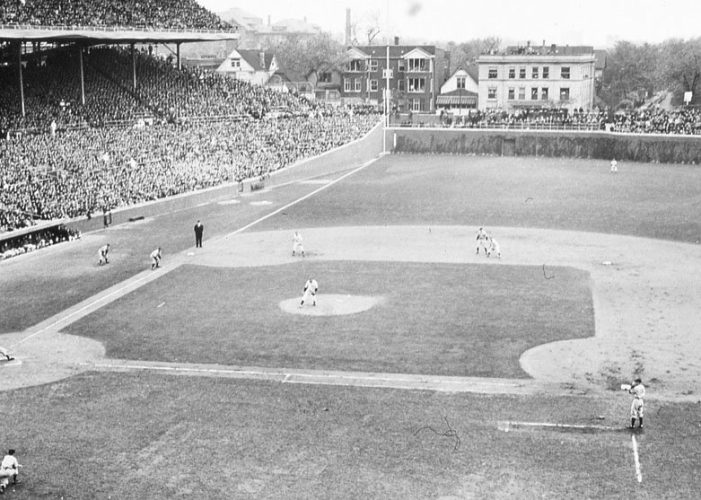 CHICAGO - OCTOBER 5, 1938.  General view of World Series action at Wrigley Field in Chicago during the second inning of game one of the 1938 Series.  Lou Gehrig is on third base, and George Selkirk is at bat, with Bill Lee on the mound for the Cubs.