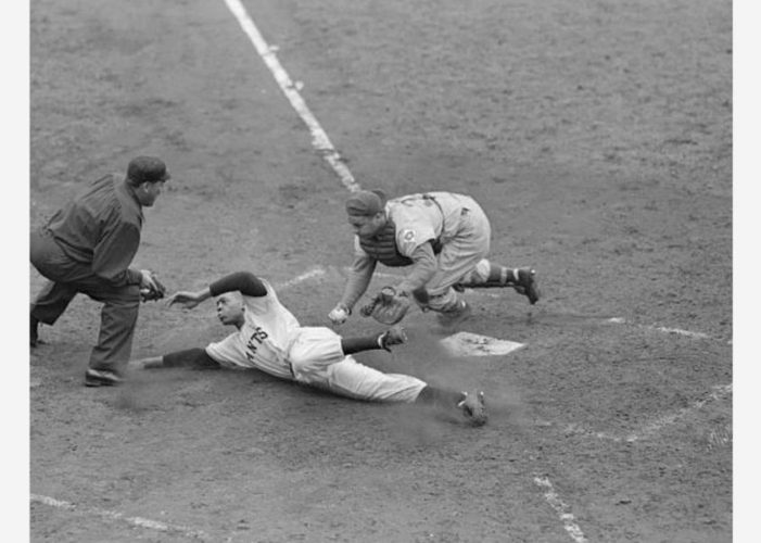 1951 Willie Mays tagged out at the plate by Roy Campanella