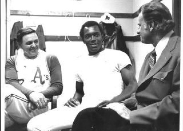 A's Dick Williams, Vida Blue chat a bit with baseball fan Billy Graham.