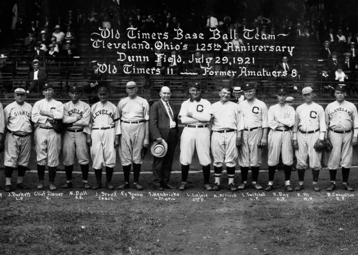 As part of Cleveland's 125th anniversary celebration, Cy Young, 54, makes a two-inning appearance