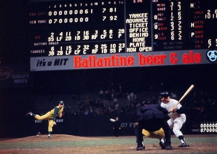 Mickey Mantle, leading off the 11th, is fooled by Bill Fischer on a slow curve, then cannons a 2 - 2 pitch that almost clears the RF roof.