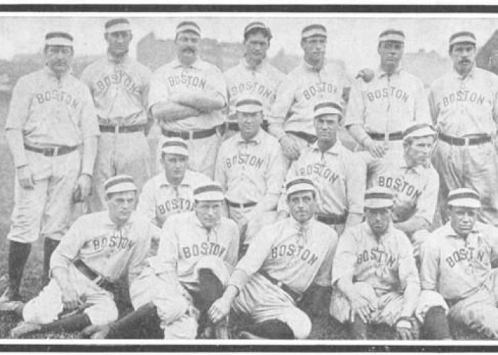 Boston Americans whip Cleveland, scoring in each of the eight innings they bat to win, 14 - 7