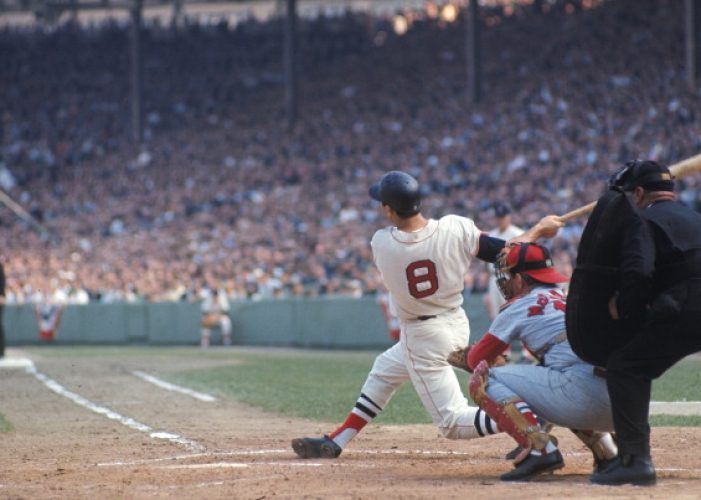 UNITED STATES - OCTOBER 05:  Baseball: World Series: Boston Red Sox Carl Yastrzemski (8) in action, hitting home run as St. Louis Cardinals Tim McCarver (15) and AL home plate umpire Al Barlick watches at Fenway Park. Game 2.  Boston, MA 10/5/1967 CREDIT: Neil Leifer  (Photo by Neil Leifer/Sports Illustrated/Getty Images) (Set Number: X12713 )