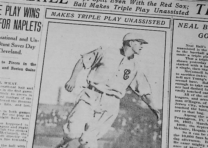 Cleveland shortstop Neal Ball catches Amby McConnell's line drive, gets Heinie Wagner at second, and then tags Jake Stahl completing the first modern major league unassisted triple play