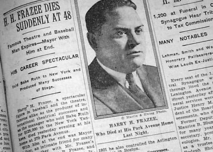 Former Red Sox owner Harry Frazee dies. Frazee is forever remembered as the man who sold the Babe to the Yankees.