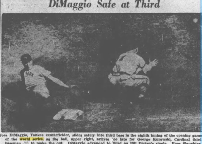 Joe Dimaggio safe at third game 1 1942 world series