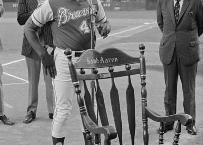June 17, 1974 - Hank Aaron addresses the crowd as the Mets honor him at Shea Stadium.