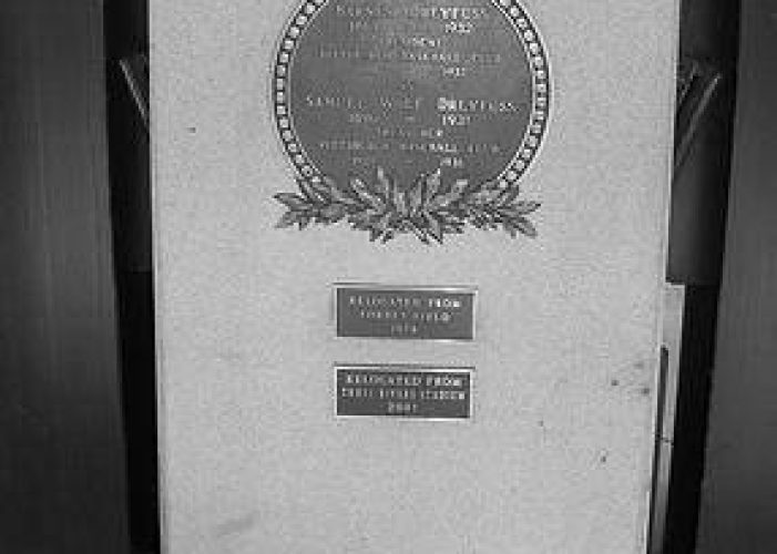 On the 25th anniversary of Forbes Field, a granite monument to Barney Dreyfuss